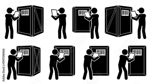 Stick figures scanning barcodes on various shipping crates and boxes, depicting inventory management or logistics.