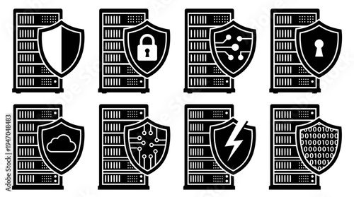 Eight black and white icons depicting server racks paired with various security shields, symbolizing data protection, network security, and digital safety concepts.