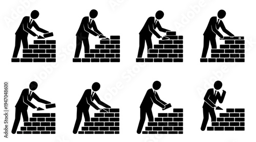 A sequence of eight black silhouette figures illustrating a businessman building a brick wall, demonstrating the construction process step-by-step.