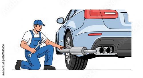 Mechanic fixing car exhaust pipe.