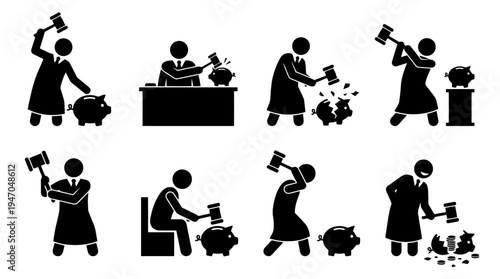 Set of 8 black vector icons depicting judges or lawyers breaking piggy banks with gavels, representing legal fees and financial consequences.