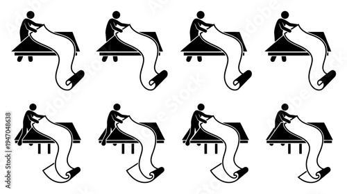 A stick figure person unrolling a long scroll or fabric from a table, shown in a sequence of eight frames.