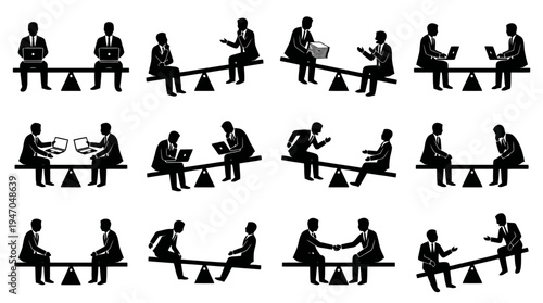 Silhouettes of people on seesaws illustrating concepts of balance, negotiation, and comparison in various business and social interactions.
