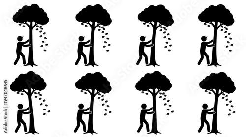 Eight identical black silhouettes of a person shaking a tree, causing leaves or fruit to fall, against a white background.