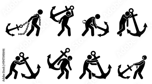 A series of stick figures illustrating various interactions with a heavy anchor, symbolizing burden, struggle, and effort.