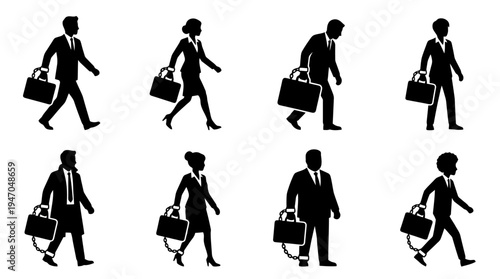 Silhouettes of business people walking with briefcases, some appearing burdened by work.