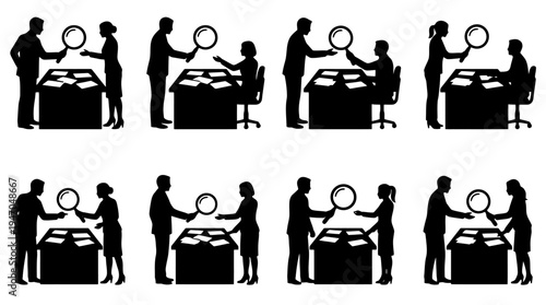 Set of 8 black silhouette vector illustrations depicting business people searching documents and files