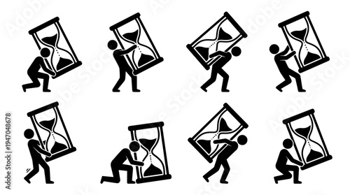 Set of 8 black silhouette vector icons depicting stick figures carrying large hourglasses, representing time management and burden.
