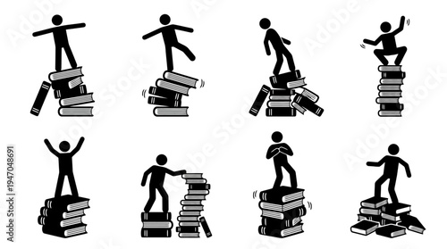 Stick figures illustrating various interactions with stacks of books, symbolizing learning, balance, challenge, and the pursuit of knowledge.
