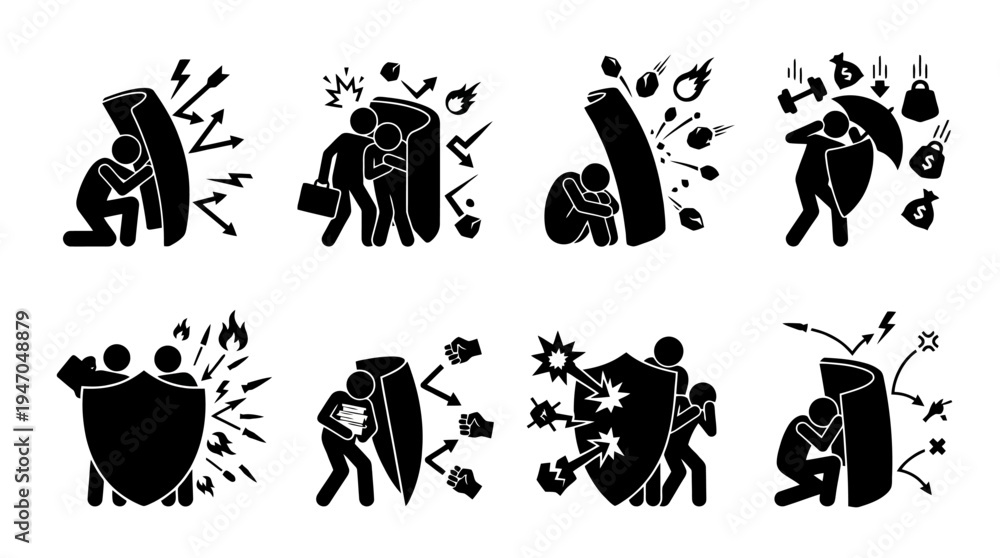 Obraz premium Set of stick figures using shields to protect themselves from various threats and problems, illustrating concepts of defense and security.