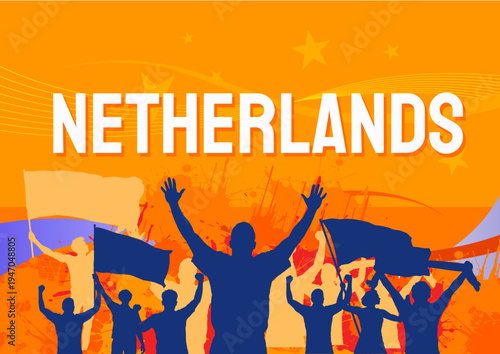 Netherlands football banner with cheering crowd and orange background