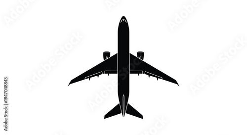 A minimalist black silhouette of a passenger airplane viewed from directly above