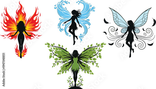 Elemental Fairy Silhouettes Set with Fire, Water, Air, and Nature Wings Fantasy Illustration