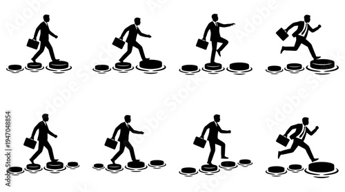 Eight black silhouettes of a businessman with a briefcase walking and running across stepping stones, illustrating career progression and growth.
