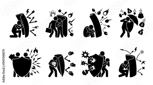 Set of stick figures using shields to protect themselves from various threats and problems, illustrating concepts of defense and security.