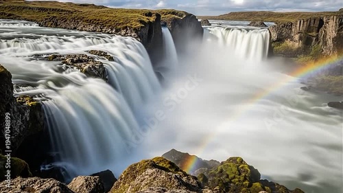 A breathtaking waterfall with a vibrant rainbow.