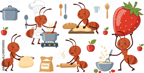 Cute Cartoon Ant Chefs Cooking and Baking with Dough, Soup, Flour, and Strawberry in Fun Kitchen Illustration