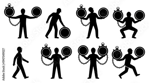 Black silhouettes of a man performing various actions with two large chained circular objects, resembling stopwatches or weights, against a white background.