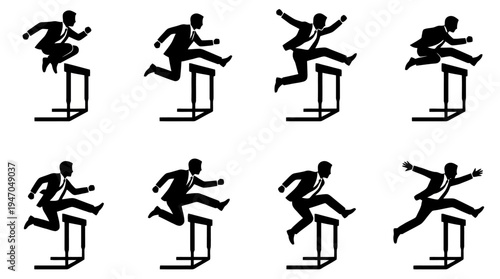 Eight black silhouettes of businessmen in suits jumping over hurdles, depicting overcoming challenges and achieving goals.