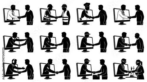 Silhouettes of diverse professionals shaking hands through computer screens, illustrating virtual business connections and remote collaboration.