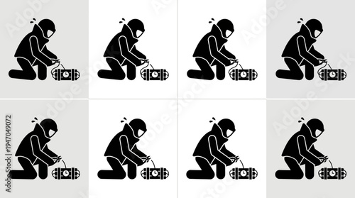 A stick figure person crouching down and playing a handheld video game console.
