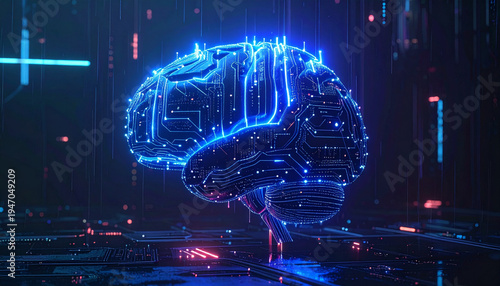 Futuristic Neon Brain AI Digital Technology Illustration