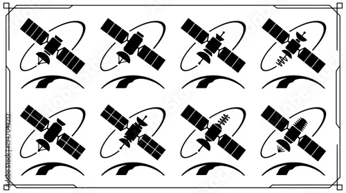 A collection of eight black and white icons depicting various configurations of cryptocurrency mining rigs or server racks.