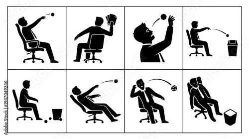 A collection of eight black and white icons depicting various configurations of cryptocurrency mining rigs or server racks.