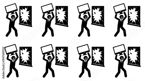 A collection of eight black and white icons depicting various configurations of cryptocurrency mining rigs or server racks.