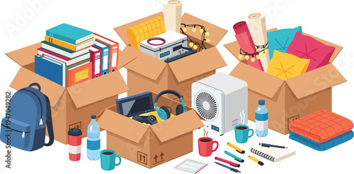 Packing and Moving Boxes with Household Items, Books, Clothes, Backpack, Electronics, and Office Supplies for Relocation and Moving Day Illustration