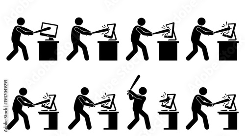 A collection of eight black and white icons depicting various configurations of cryptocurrency mining rigs or server racks.