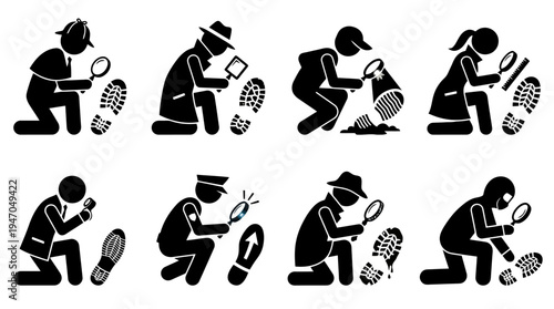 A collection of eight black and white icons depicting various configurations of cryptocurrency mining rigs or server racks.