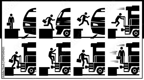 A collection of eight black and white icons depicting various configurations of cryptocurrency mining rigs or server racks.