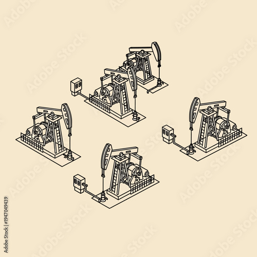 Isometric illustration of four oil pump jacks in a field, pumping crude oil.
