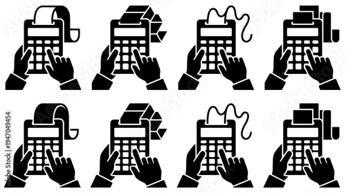 A collection of eight black and white icons depicting various configurations of cryptocurrency mining rigs or server racks.