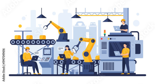 Smart Factory Production Line with Robotics and Engineers - Industry 4.0 Automation Concept