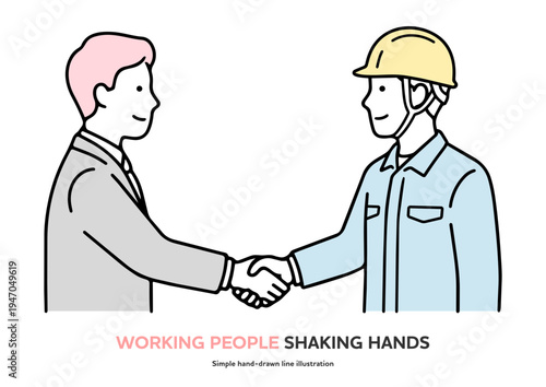 握手するビジネスマンと作業員の手書き線画イラスト。ホワイトカラーとブルーカラーの協力関係