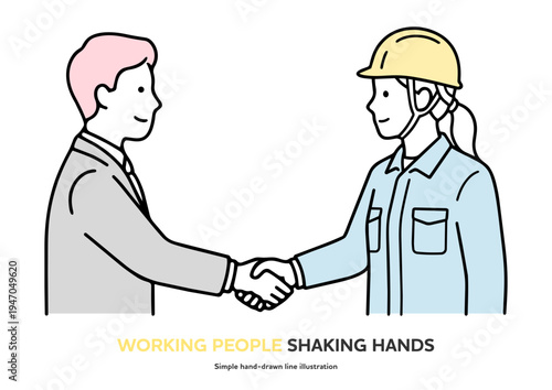 握手するビジネスマンと女性の現場作業員の手書き線画イラスト。異なる職種の人々の協力