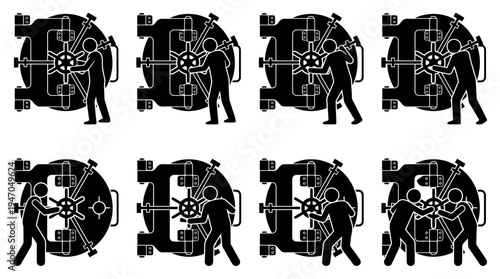 A collection of eight black and white icons depicting various configurations of cryptocurrency mining rigs or server racks.