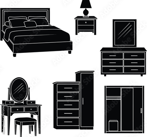 Silhouette of modern bedroom furniture set in black and white
