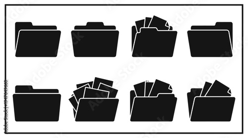 A collection of eight black and white icons depicting various configurations of cryptocurrency mining rigs or server racks.