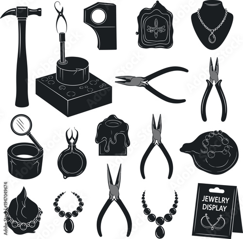 Silhouette of various jewelry making tools and accessories
