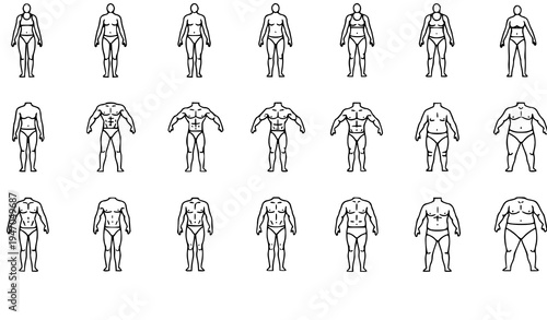 Body type comparison outline icons male and female physique transformation thin line editable stroke vector set