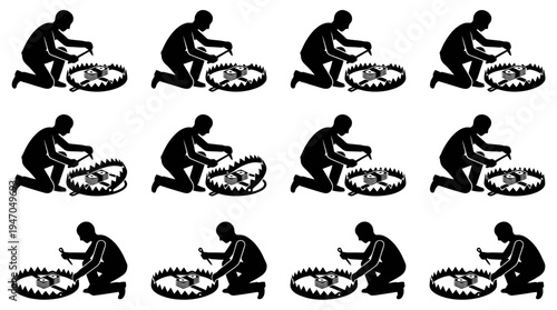 A collection of eight black and white icons depicting various configurations of cryptocurrency mining rigs or server racks.