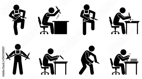 A collection of eight black and white icons depicting various configurations of cryptocurrency mining rigs or server racks.