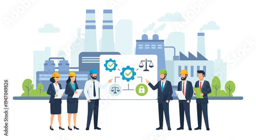Industrial Safety & Compliance Management: Team Discussing Regulations at Factory
