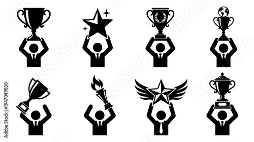 A collection of eight black and white icons depicting various configurations of cryptocurrency mining rigs or server racks.