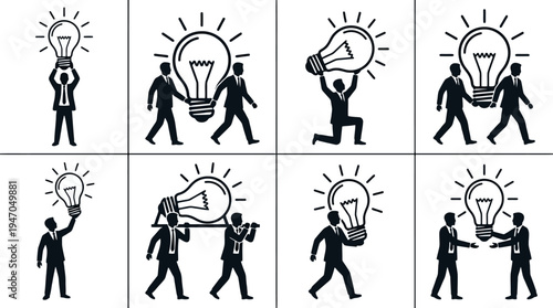 A collection of eight black and white icons depicting various configurations of cryptocurrency mining rigs or server racks.