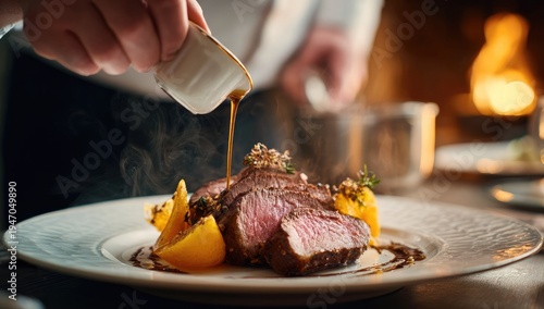 Chef Drizzling Sauce Over Perfectly Cooked Steak Dinner.