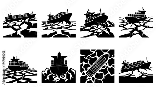 A collection of eight black and white icons depicting various configurations of cryptocurrency mining rigs or server racks.